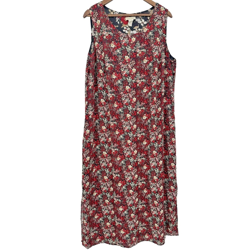 Studio‎ Ease Reversible Dress sleeveless red floral VTG 20W Sheer cottage Flaw